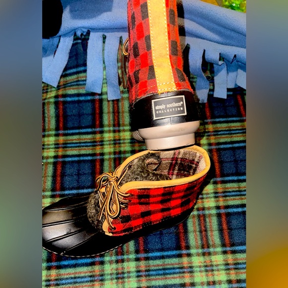 Simply southern style plaid red and black with light brown stripes winter boots - Picture 4 of 7